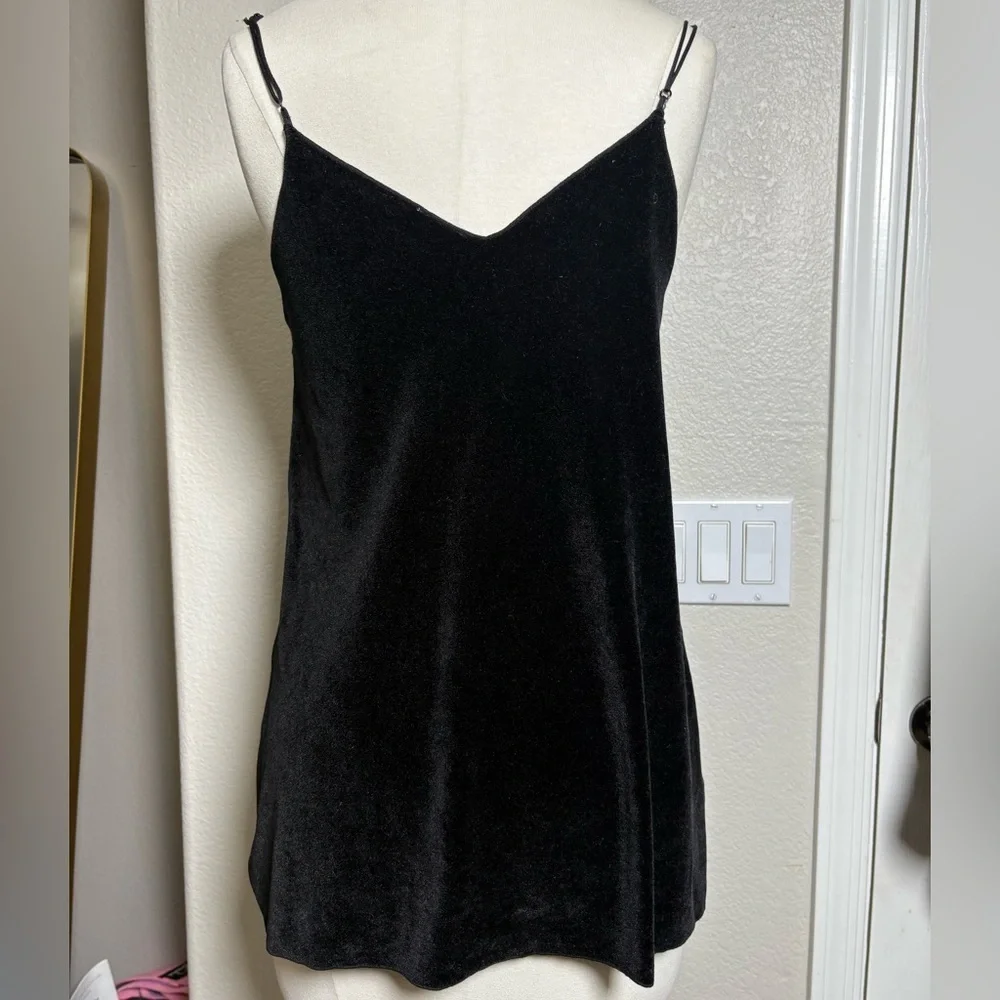 Intimately Free People Black Velvet Camisole with Mesh Lace Detail, Side‎ Slits.